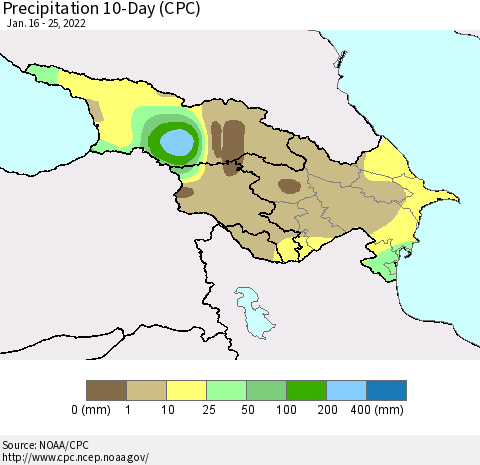 Azerbaijan, Armenia and Georgia Precipitation 10-Day (CPC) Thematic Map For 1/16/2022 - 1/25/2022