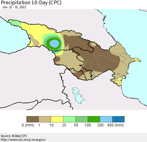 Azerbaijan, Armenia and Georgia Precipitation 10-Day (CPC) Thematic Map For 1/21/2022 - 1/31/2022
