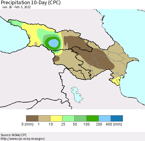 Azerbaijan, Armenia and Georgia Precipitation 10-Day (CPC) Thematic Map For 1/26/2022 - 2/5/2022