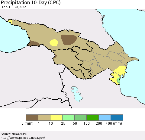 Azerbaijan, Armenia and Georgia Precipitation 10-Day (CPC) Thematic Map For 2/11/2022 - 2/20/2022