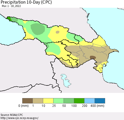 Azerbaijan, Armenia and Georgia Precipitation 10-Day (CPC) Thematic Map For 3/1/2022 - 3/10/2022