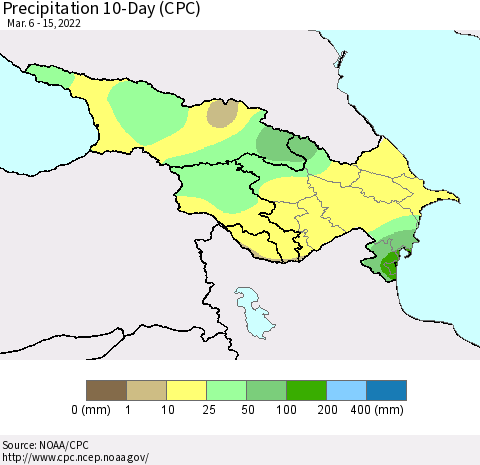 Azerbaijan, Armenia and Georgia Precipitation 10-Day (CPC) Thematic Map For 3/6/2022 - 3/15/2022