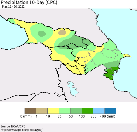 Azerbaijan, Armenia and Georgia Precipitation 10-Day (CPC) Thematic Map For 3/11/2022 - 3/20/2022