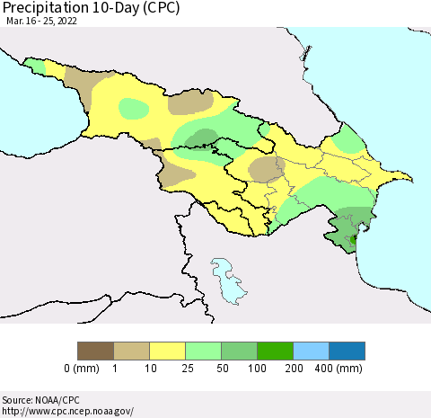 Azerbaijan, Armenia and Georgia Precipitation 10-Day (CPC) Thematic Map For 3/16/2022 - 3/25/2022