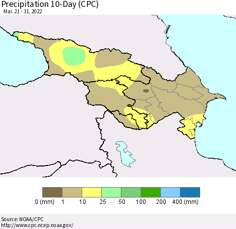 Azerbaijan, Armenia and Georgia Precipitation 10-Day (CPC) Thematic Map For 3/21/2022 - 3/31/2022