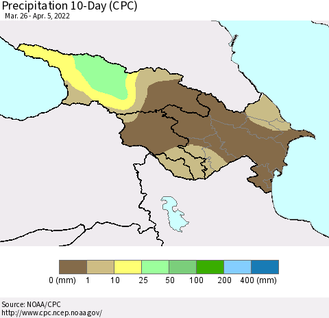 Azerbaijan, Armenia and Georgia Precipitation 10-Day (CPC) Thematic Map For 3/26/2022 - 4/5/2022