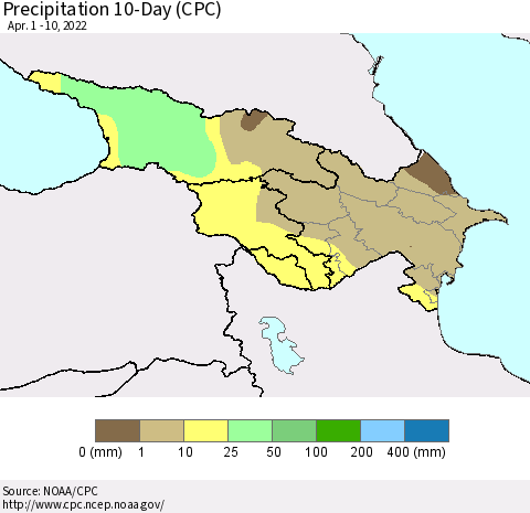 Azerbaijan, Armenia and Georgia Precipitation 10-Day (CPC) Thematic Map For 4/1/2022 - 4/10/2022