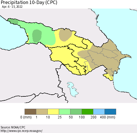 Azerbaijan, Armenia and Georgia Precipitation 10-Day (CPC) Thematic Map For 4/6/2022 - 4/15/2022
