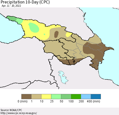 Azerbaijan, Armenia and Georgia Precipitation 10-Day (CPC) Thematic Map For 4/11/2022 - 4/20/2022