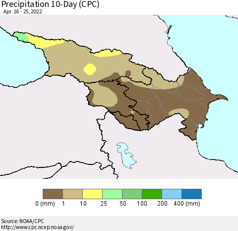 Azerbaijan, Armenia and Georgia Precipitation 10-Day (CPC) Thematic Map For 4/16/2022 - 4/25/2022