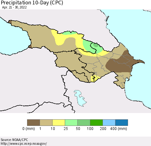 Azerbaijan, Armenia and Georgia Precipitation 10-Day (CPC) Thematic Map For 4/21/2022 - 4/30/2022