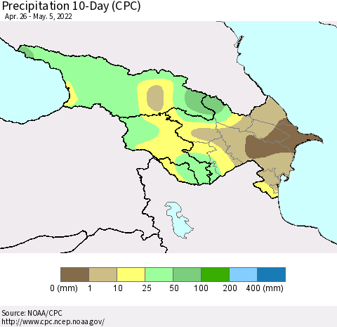 Azerbaijan, Armenia and Georgia Precipitation 10-Day (CPC) Thematic Map For 4/26/2022 - 5/5/2022