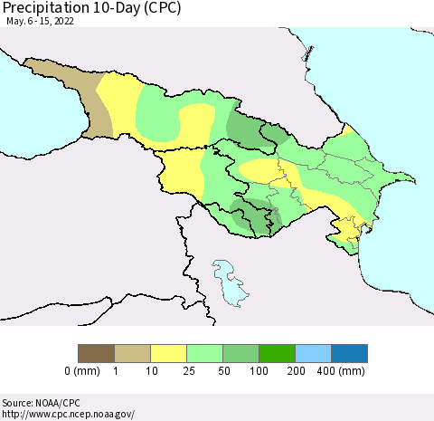 Azerbaijan, Armenia and Georgia Precipitation 10-Day (CPC) Thematic Map For 5/6/2022 - 5/15/2022