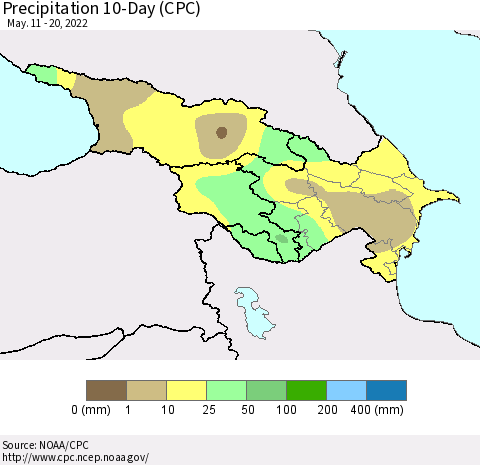 Azerbaijan, Armenia and Georgia Precipitation 10-Day (CPC) Thematic Map For 5/11/2022 - 5/20/2022