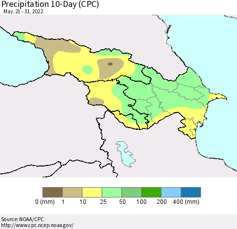 Azerbaijan, Armenia and Georgia Precipitation 10-Day (CPC) Thematic Map For 5/21/2022 - 5/31/2022