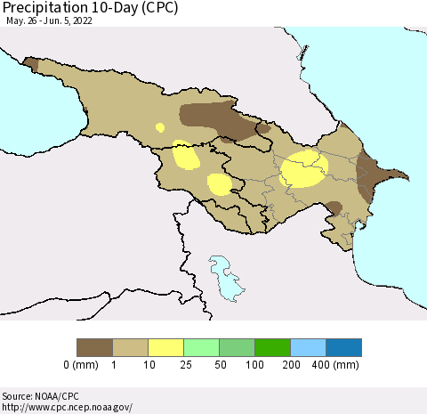 Azerbaijan, Armenia and Georgia Precipitation 10-Day (CPC) Thematic Map For 5/26/2022 - 6/5/2022