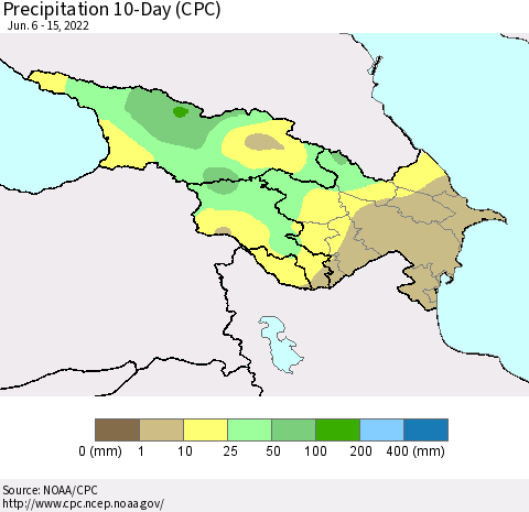 Azerbaijan, Armenia and Georgia Precipitation 10-Day (CPC) Thematic Map For 6/6/2022 - 6/15/2022
