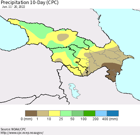 Azerbaijan, Armenia and Georgia Precipitation 10-Day (CPC) Thematic Map For 6/11/2022 - 6/20/2022