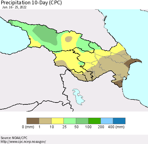 Azerbaijan, Armenia and Georgia Precipitation 10-Day (CPC) Thematic Map For 6/16/2022 - 6/25/2022