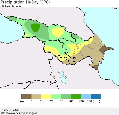 Azerbaijan, Armenia and Georgia Precipitation 10-Day (CPC) Thematic Map For 6/21/2022 - 6/30/2022