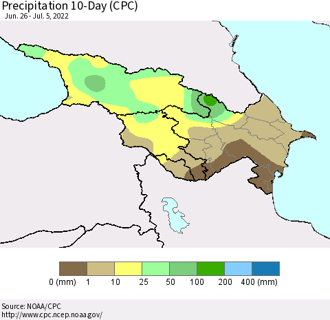 Azerbaijan, Armenia and Georgia Precipitation 10-Day (CPC) Thematic Map For 6/26/2022 - 7/5/2022