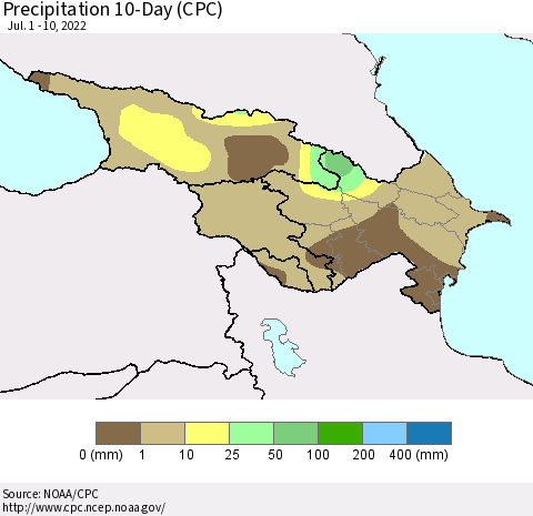 Azerbaijan, Armenia and Georgia Precipitation 10-Day (CPC) Thematic Map For 7/1/2022 - 7/10/2022