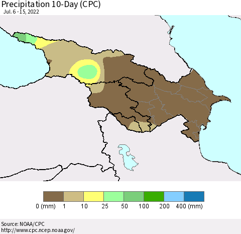 Azerbaijan, Armenia and Georgia Precipitation 10-Day (CPC) Thematic Map For 7/6/2022 - 7/15/2022