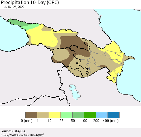 Azerbaijan, Armenia and Georgia Precipitation 10-Day (CPC) Thematic Map For 7/16/2022 - 7/25/2022
