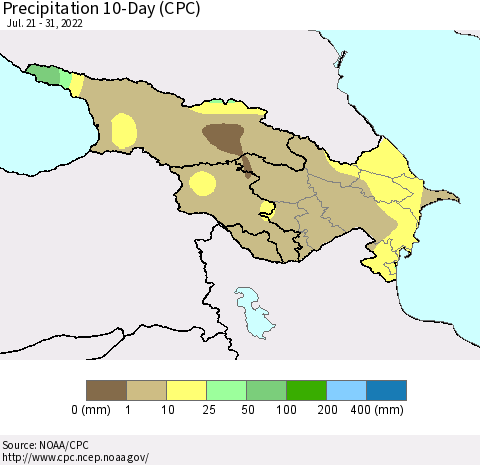 Azerbaijan, Armenia and Georgia Precipitation 10-Day (CPC) Thematic Map For 7/21/2022 - 7/31/2022
