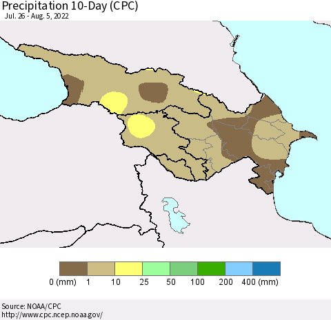 Azerbaijan, Armenia and Georgia Precipitation 10-Day (CPC) Thematic Map For 7/26/2022 - 8/5/2022