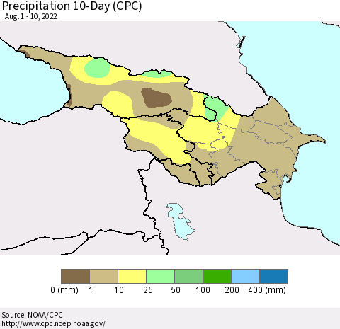 Azerbaijan, Armenia and Georgia Precipitation 10-Day (CPC) Thematic Map For 8/1/2022 - 8/10/2022
