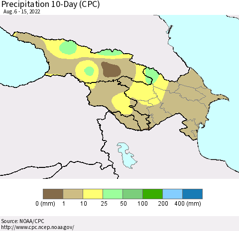 Azerbaijan, Armenia and Georgia Precipitation 10-Day (CPC) Thematic Map For 8/6/2022 - 8/15/2022