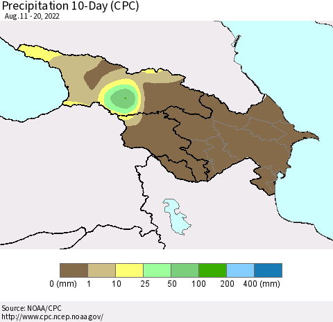Azerbaijan, Armenia and Georgia Precipitation 10-Day (CPC) Thematic Map For 8/11/2022 - 8/20/2022