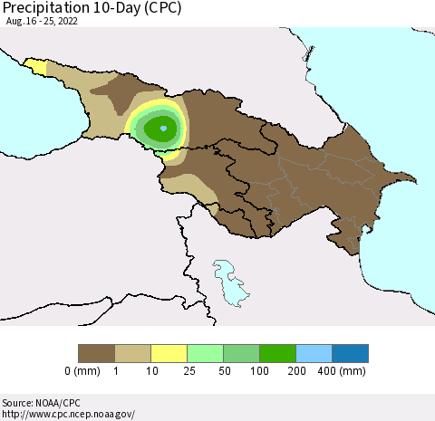 Azerbaijan, Armenia and Georgia Precipitation 10-Day (CPC) Thematic Map For 8/16/2022 - 8/25/2022