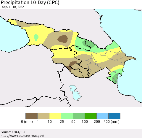 Azerbaijan, Armenia and Georgia Precipitation 10-Day (CPC) Thematic Map For 9/1/2022 - 9/10/2022