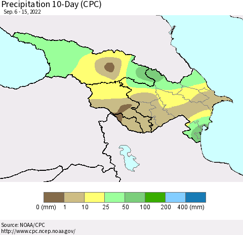 Azerbaijan, Armenia and Georgia Precipitation 10-Day (CPC) Thematic Map For 9/6/2022 - 9/15/2022