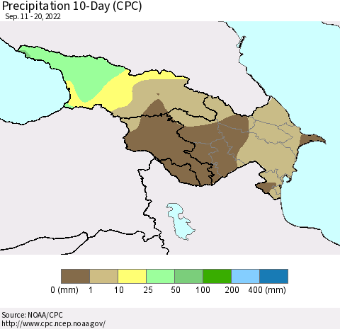 Azerbaijan, Armenia and Georgia Precipitation 10-Day (CPC) Thematic Map For 9/11/2022 - 9/20/2022