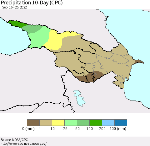 Azerbaijan, Armenia and Georgia Precipitation 10-Day (CPC) Thematic Map For 9/16/2022 - 9/25/2022