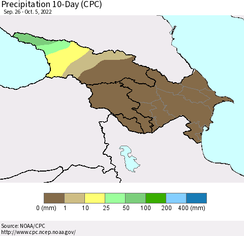 Azerbaijan, Armenia and Georgia Precipitation 10-Day (CPC) Thematic Map For 9/26/2022 - 10/5/2022