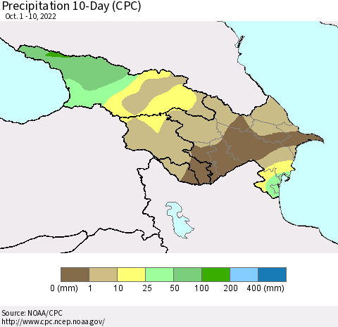 Azerbaijan, Armenia and Georgia Precipitation 10-Day (CPC) Thematic Map For 10/1/2022 - 10/10/2022