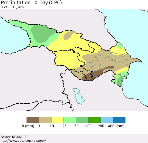Azerbaijan, Armenia and Georgia Precipitation 10-Day (CPC) Thematic Map For 10/6/2022 - 10/15/2022