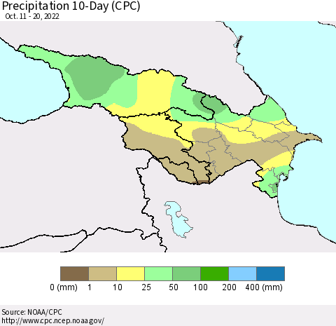 Azerbaijan, Armenia and Georgia Precipitation 10-Day (CPC) Thematic Map For 10/11/2022 - 10/20/2022