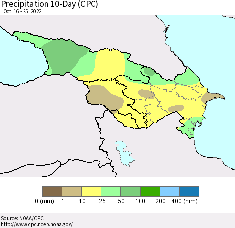 Azerbaijan, Armenia and Georgia Precipitation 10-Day (CPC) Thematic Map For 10/16/2022 - 10/25/2022
