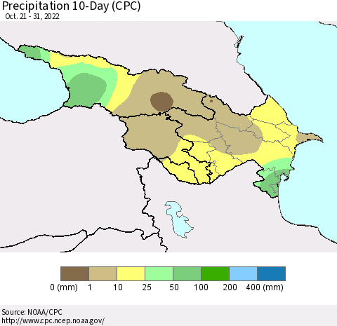 Azerbaijan, Armenia and Georgia Precipitation 10-Day (CPC) Thematic Map For 10/21/2022 - 10/31/2022
