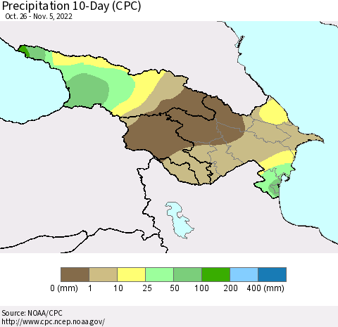 Azerbaijan, Armenia and Georgia Precipitation 10-Day (CPC) Thematic Map For 10/26/2022 - 11/5/2022