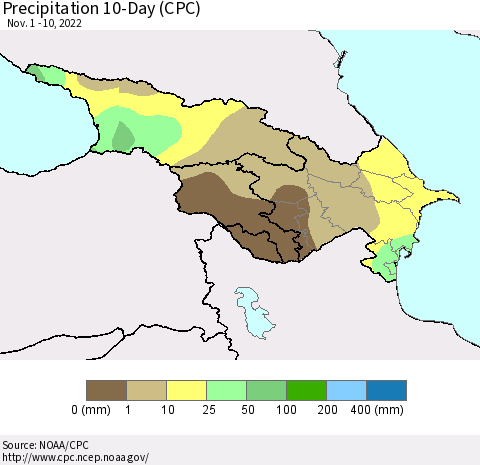 Azerbaijan, Armenia and Georgia Precipitation 10-Day (CPC) Thematic Map For 11/1/2022 - 11/10/2022