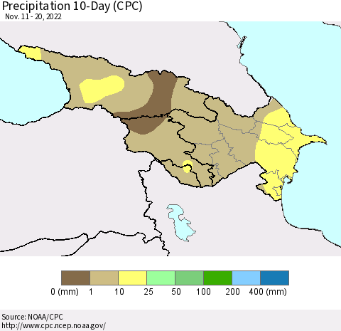 Azerbaijan, Armenia and Georgia Precipitation 10-Day (CPC) Thematic Map For 11/11/2022 - 11/20/2022