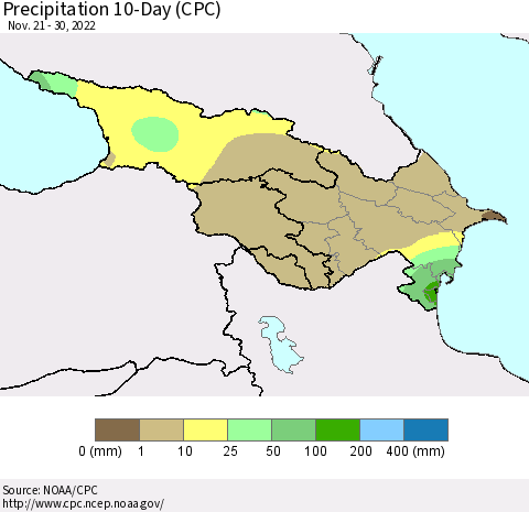 Azerbaijan, Armenia and Georgia Precipitation 10-Day (CPC) Thematic Map For 11/21/2022 - 11/30/2022