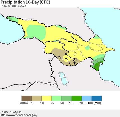 Azerbaijan, Armenia and Georgia Precipitation 10-Day (CPC) Thematic Map For 11/26/2022 - 12/5/2022