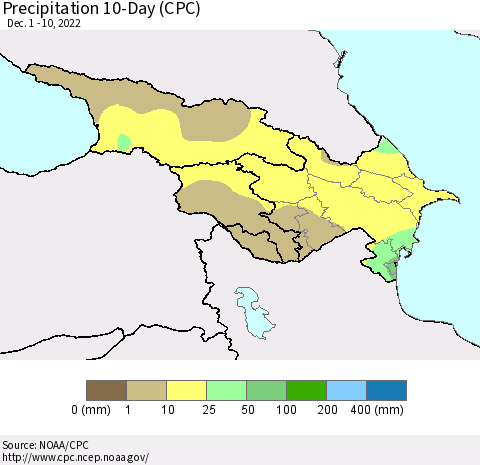 Azerbaijan, Armenia and Georgia Precipitation 10-Day (CPC) Thematic Map For 12/1/2022 - 12/10/2022